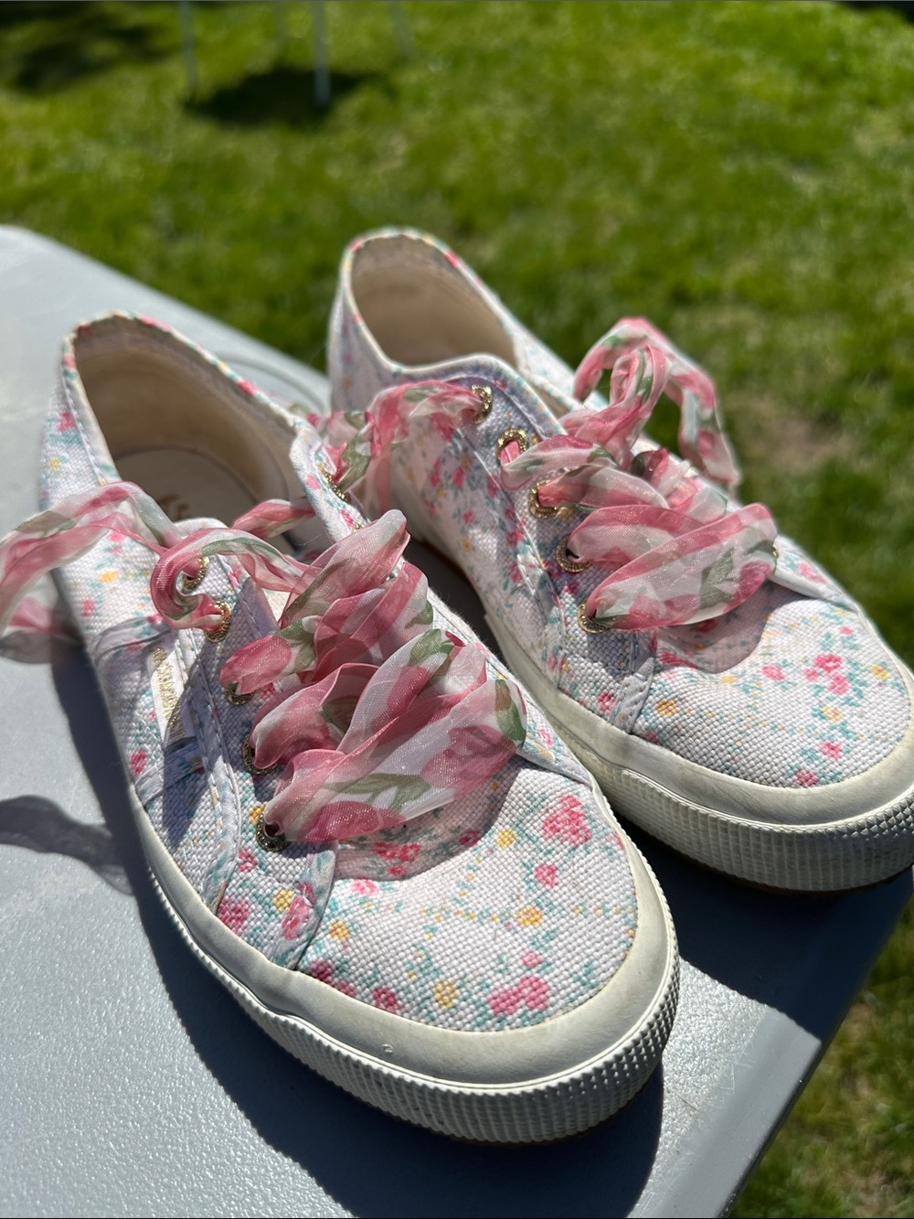 Superga x Love Shack Fancy White Canvas Sneakers with Pink Floral Accents